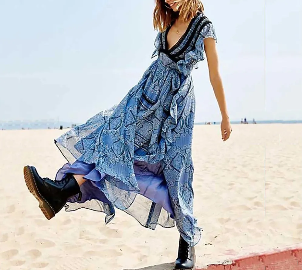 Bohemian Ruffled Lace-up Chiffon Dress
