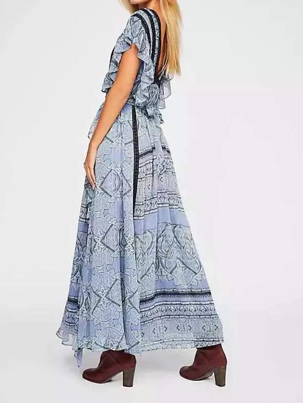 Bohemian Ruffled Lace-up Chiffon Dress