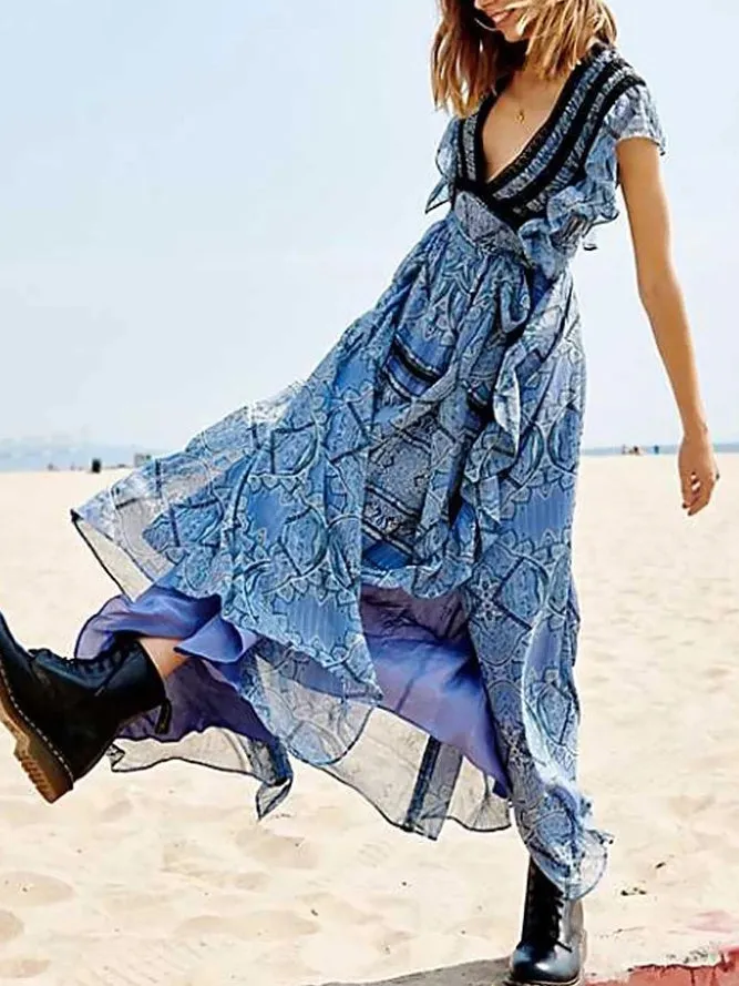 Bohemian Ruffled Lace-up Chiffon Dress