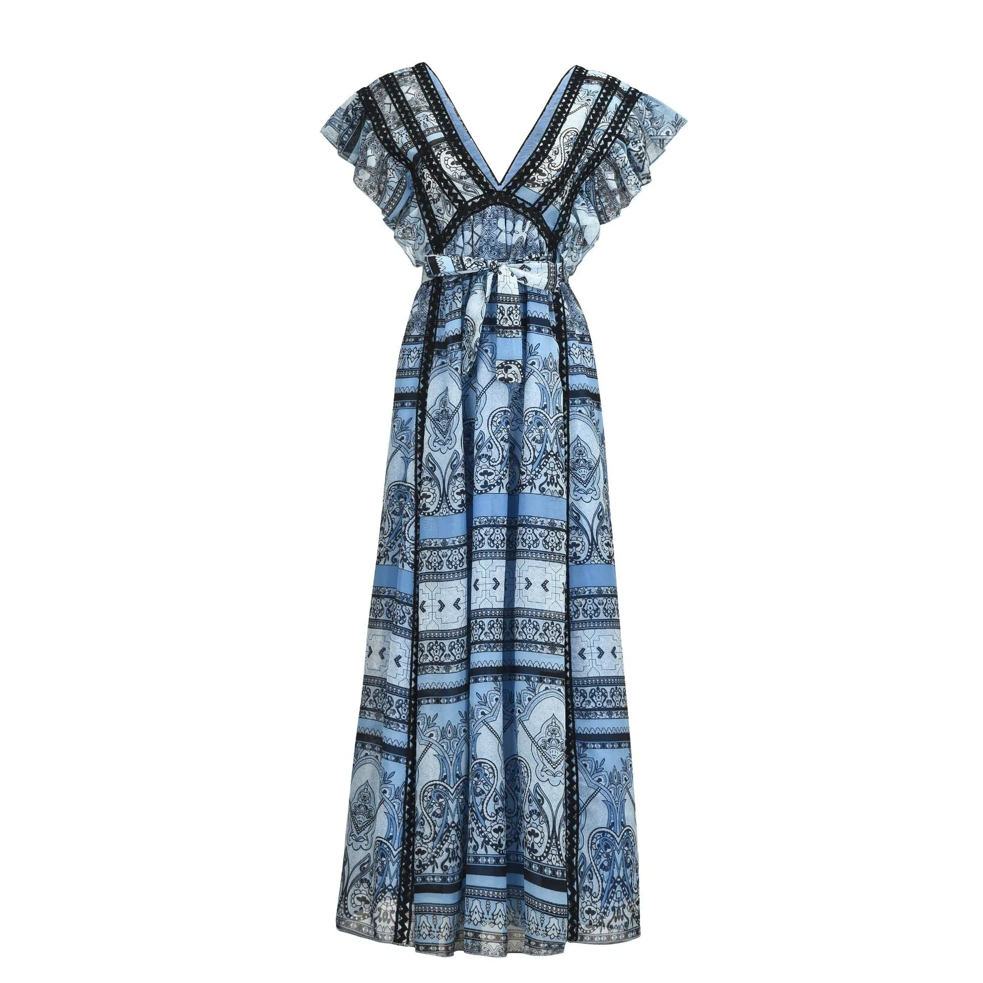 Bohemian Ruffled Lace-up Chiffon Dress
