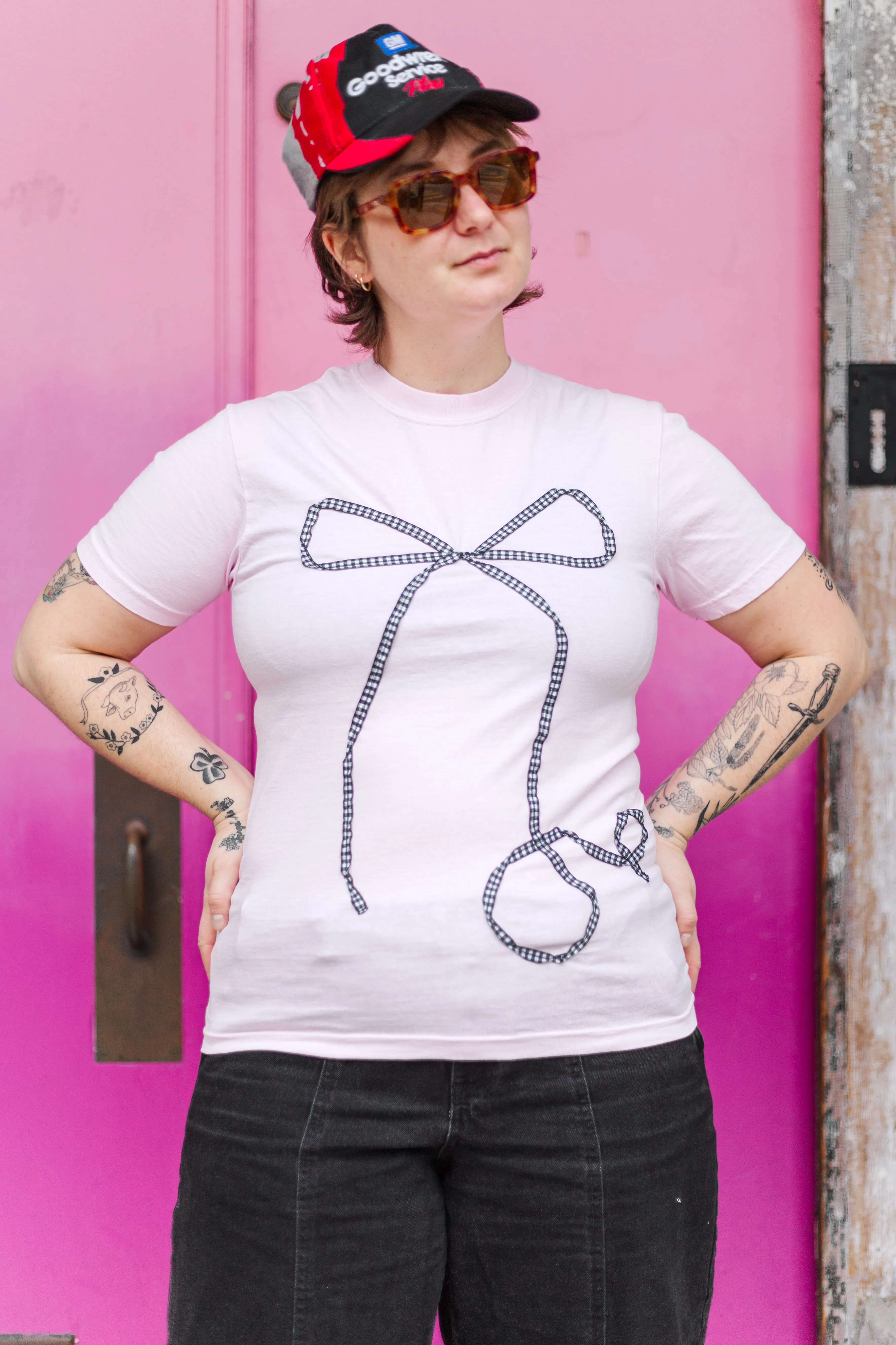 Bow T-Shirt - Pink/Black Gingham - Small (RTS)