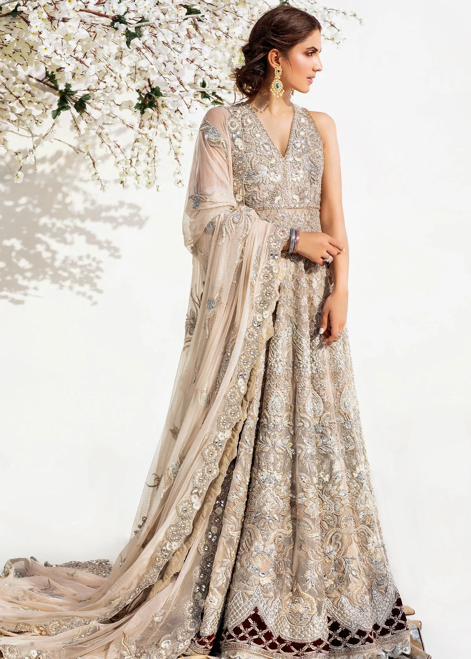 Bridal Long Maxi with Lehnga in Silver Color #Y6052