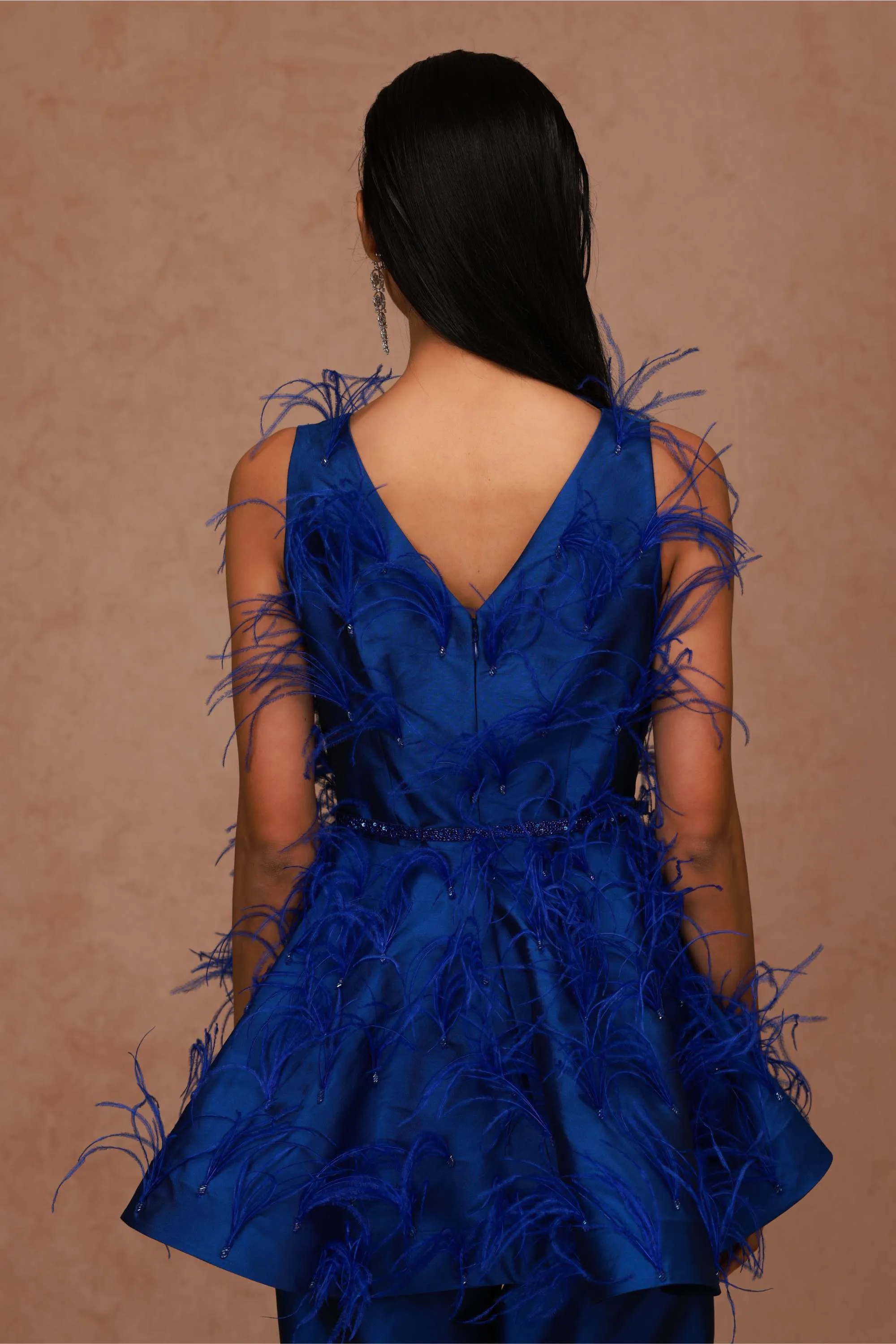 Bright Blue Feather Peplum with Pant