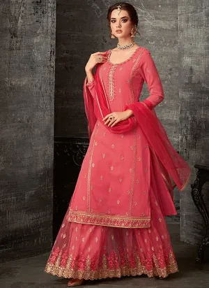 Bright Peach Ethnic Embroidered Palazzo Suit