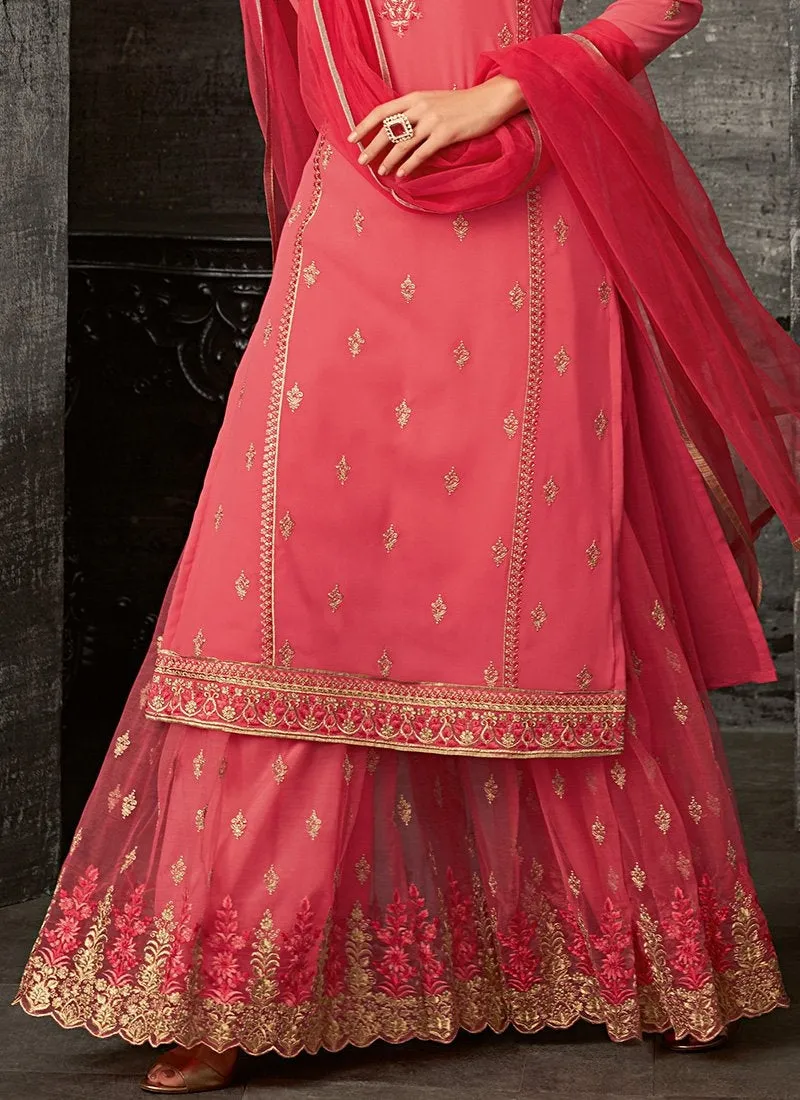 Bright Peach Ethnic Embroidered Palazzo Suit