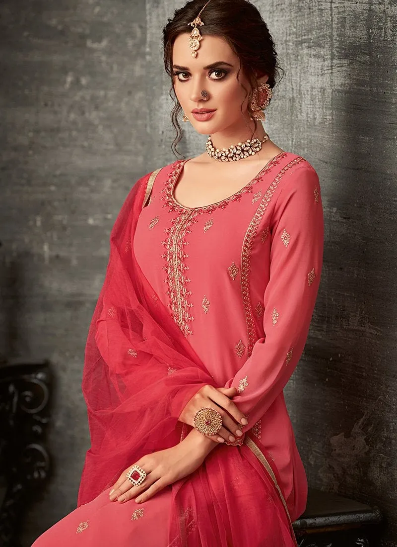 Bright Peach Ethnic Embroidered Palazzo Suit