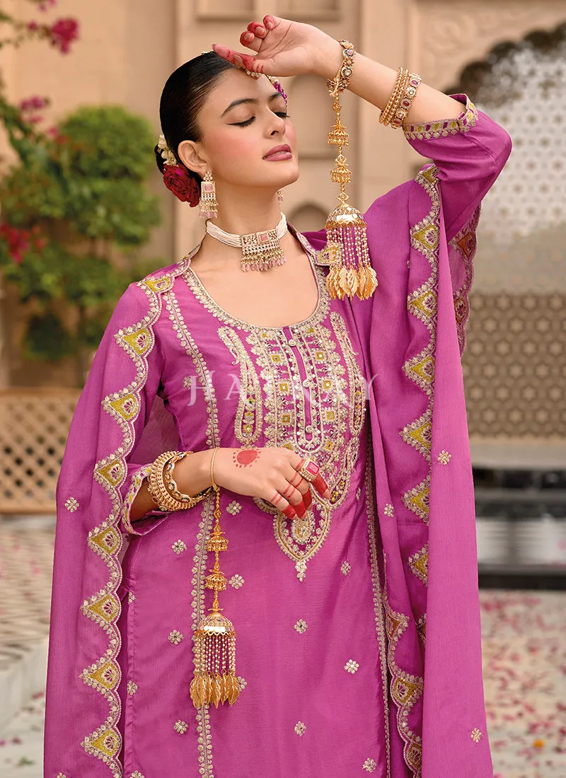 Bright Pink Embroidered Palazzo Suit