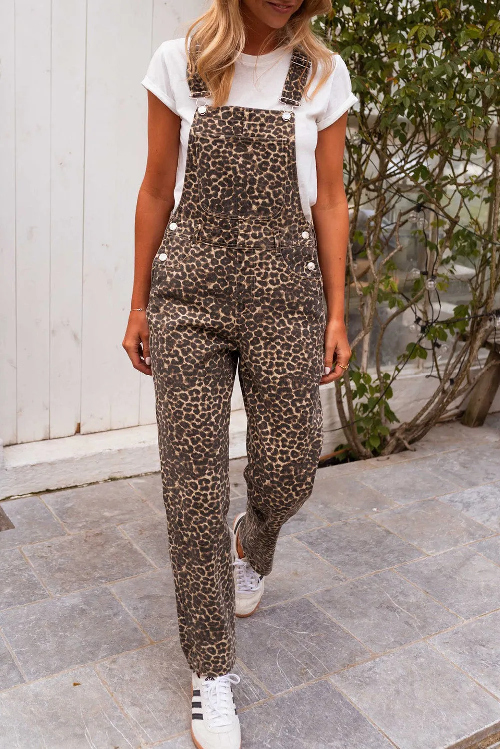 Brown Leopard Wide Strap Denim Overalls