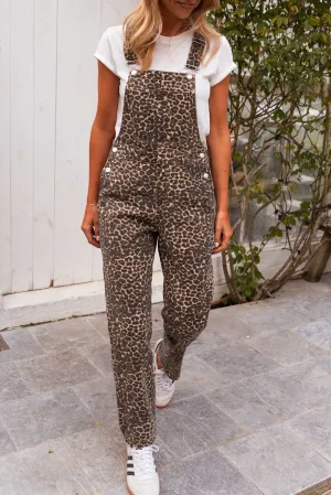 Brown Leopard Wide Strap Denim Overalls
