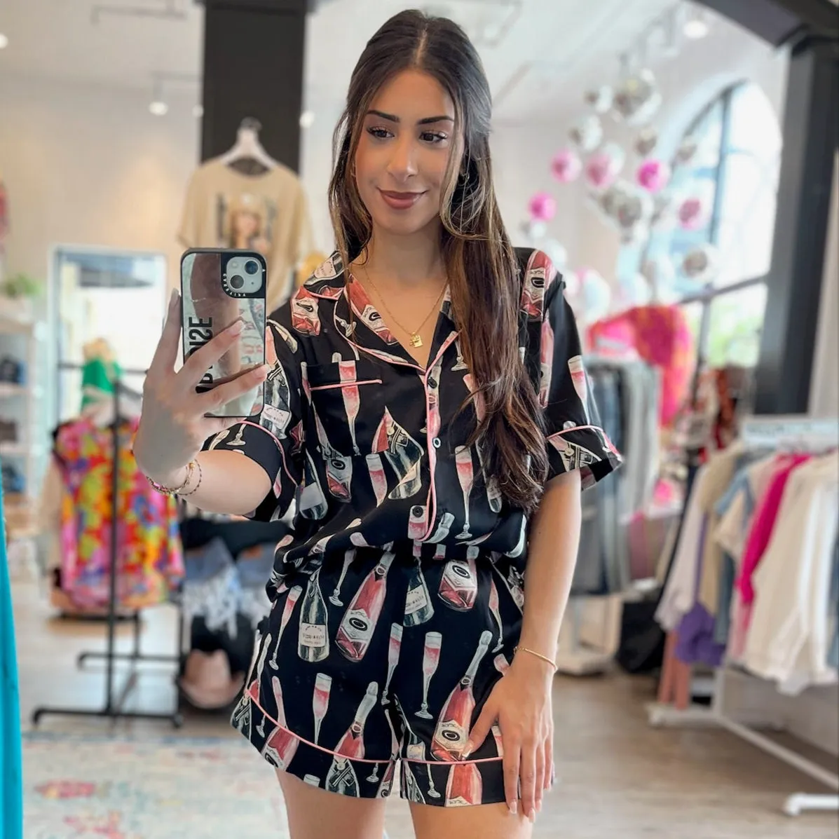 Bubbly Bliss Champagne Print Silky Shirt and Shorts Pajamas Set