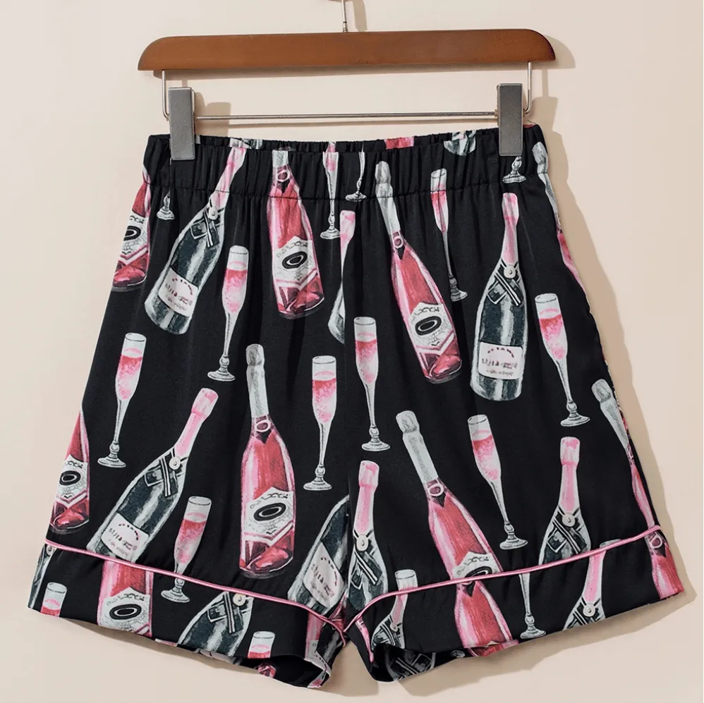 Bubbly Bliss Champagne Print Silky Shirt and Shorts Pajamas Set