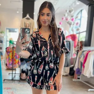 Bubbly Bliss Champagne Print Silky Shirt and Shorts Pajamas Set
