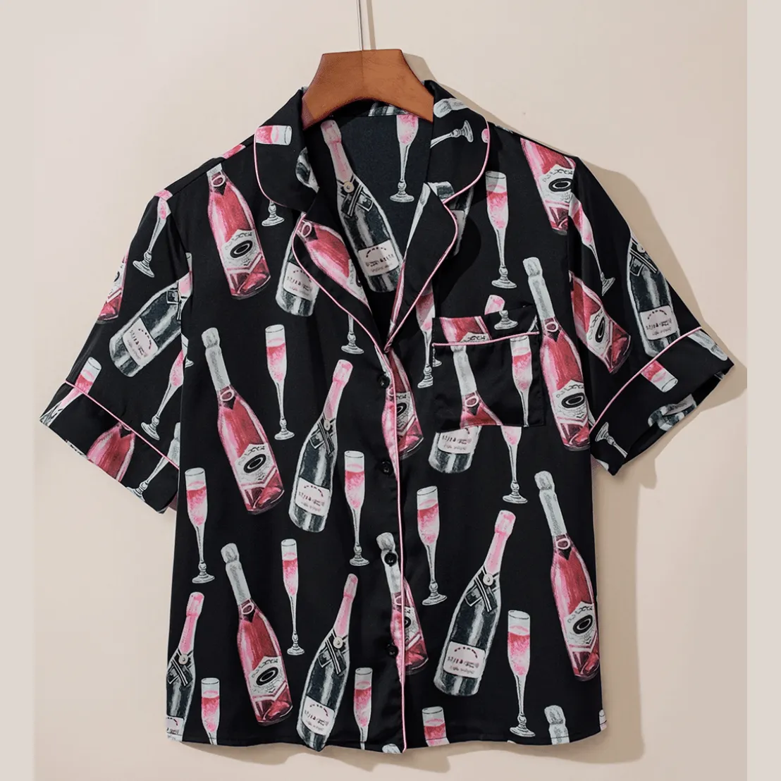 Bubbly Bliss Champagne Print Silky Shirt and Shorts Pajamas Set