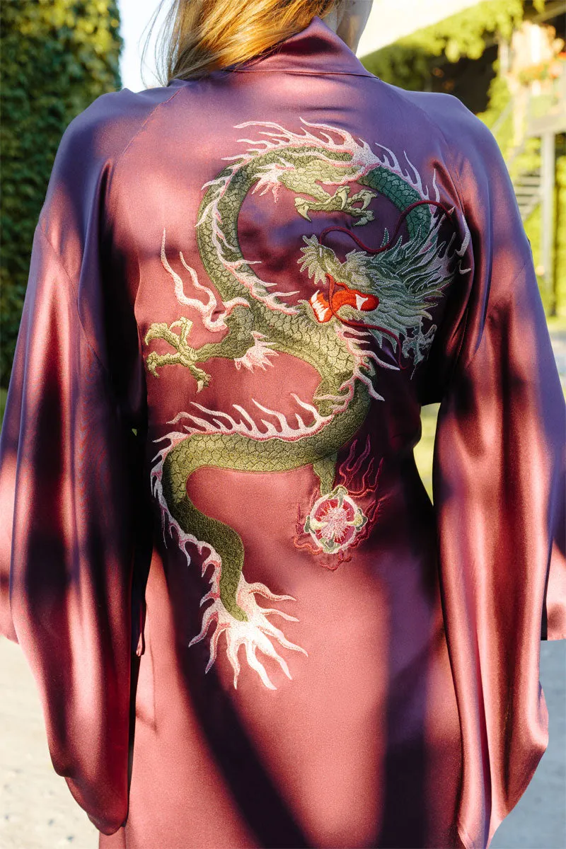 Burgundy Pure Silk Dragon Urban Kimono
