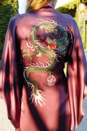 Burgundy Pure Silk Dragon Urban Kimono