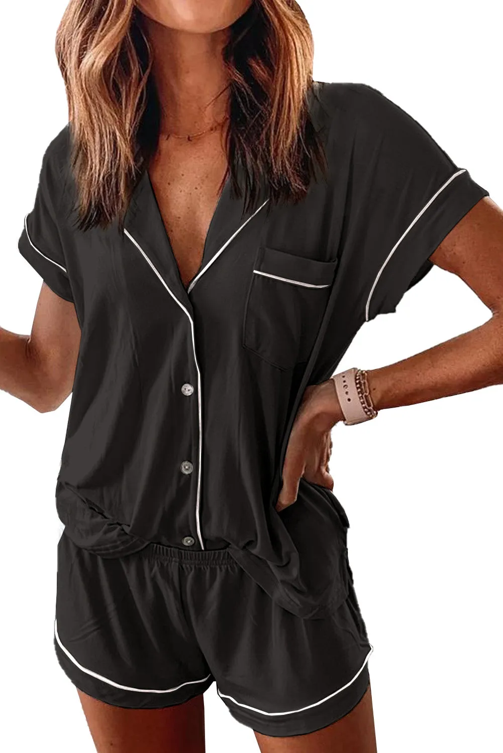 Buttoned Short Sleeve Shirt and Shorts Pajamas Set