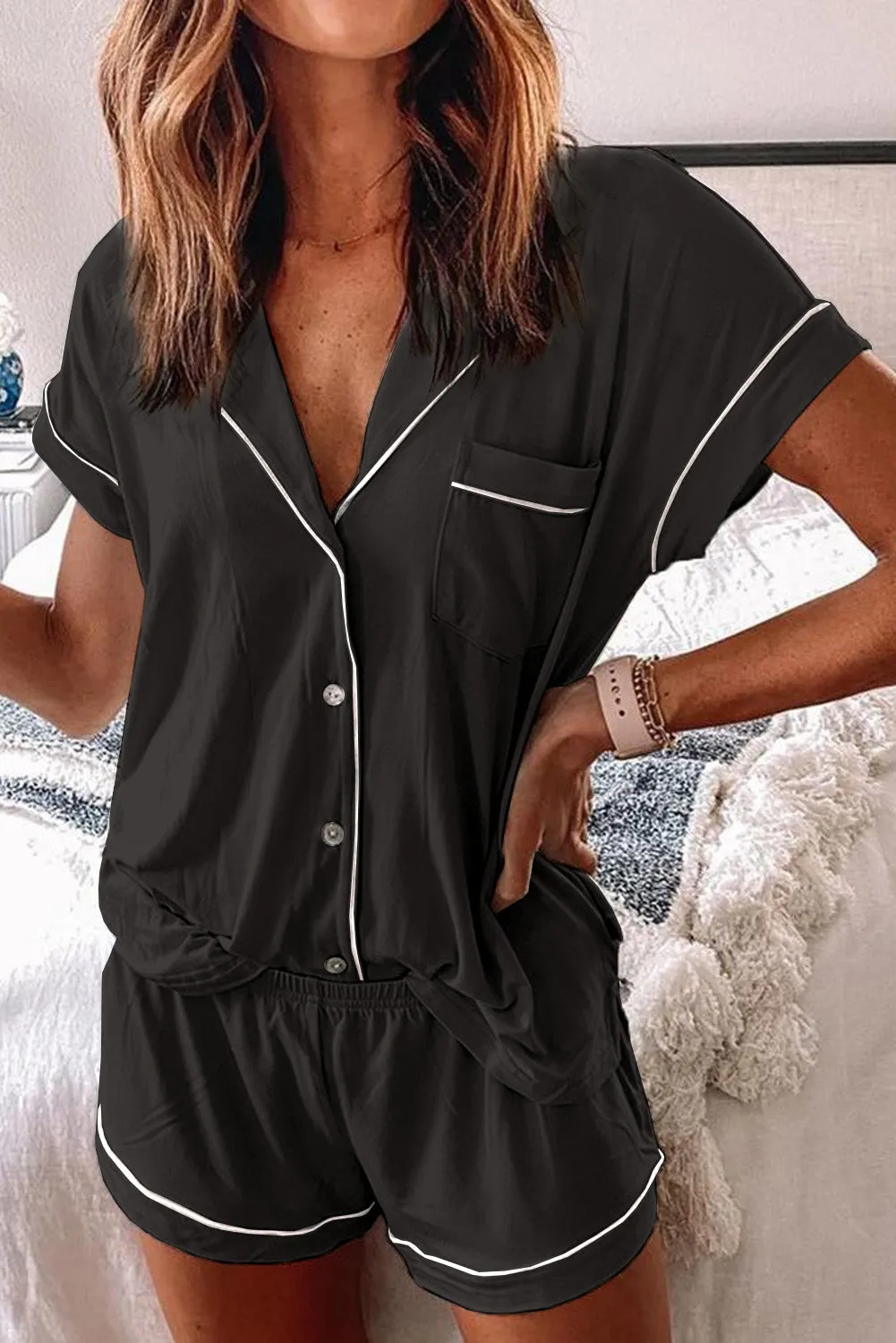 Buttoned Short Sleeve Shirt and Shorts Pajamas Set