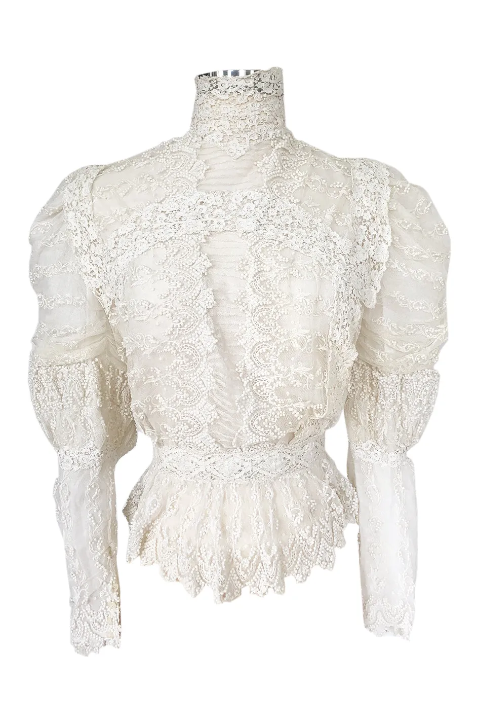 c1900s 3D White Embroidered Lace on Fine Silk Net Top w Elaborate Sleeves