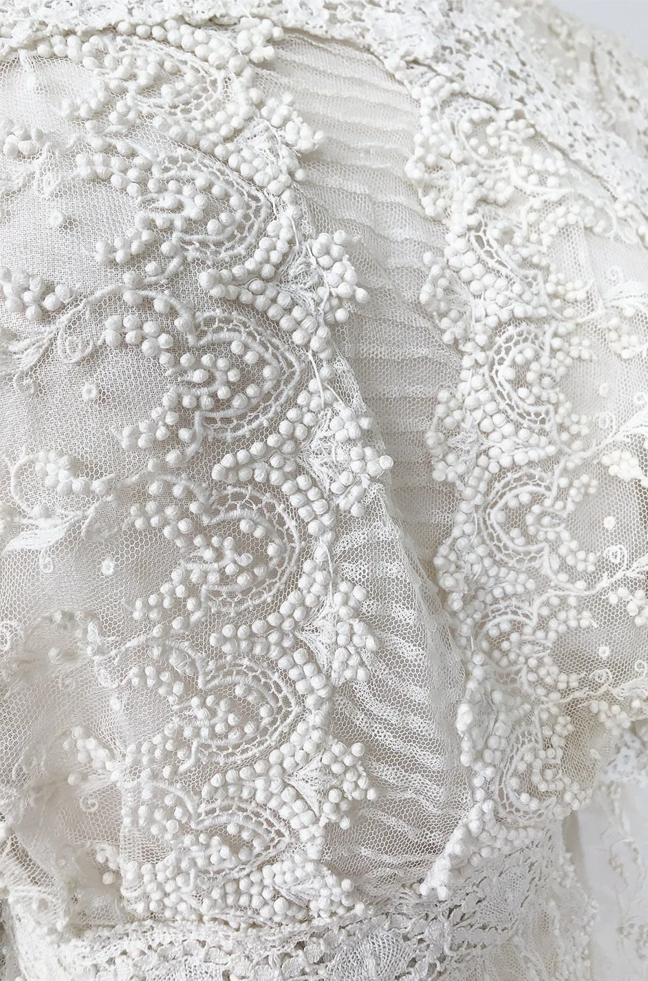 c1900s 3D White Embroidered Lace on Fine Silk Net Top w Elaborate Sleeves