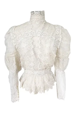 c1900s 3D White Embroidered Lace on Fine Silk Net Top w Elaborate Sleeves