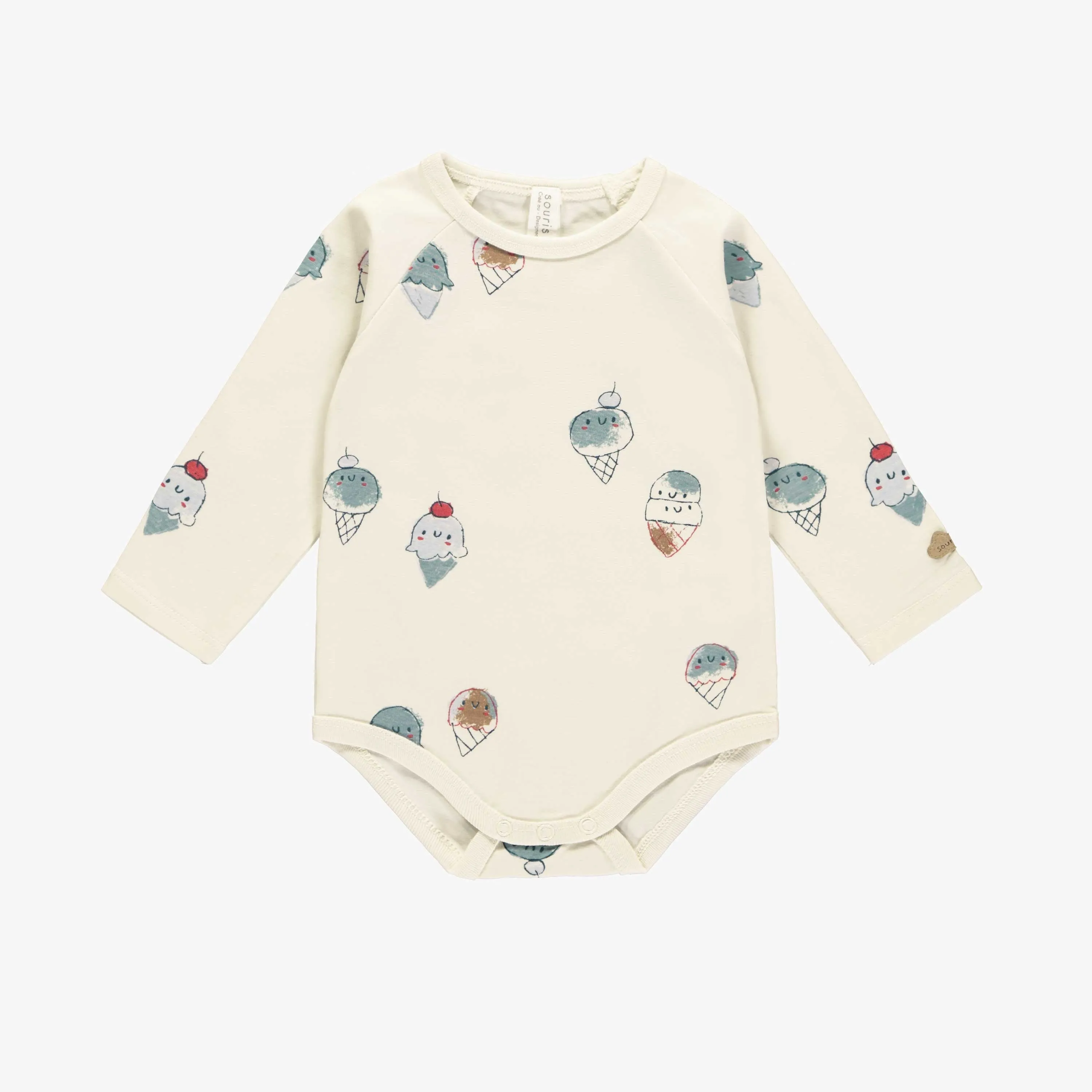 Cache-couche manches longues crème à motif de crème glacées en coton biologique, naissance || Cream bodysuit with ice cream print in organic cotton, newborn