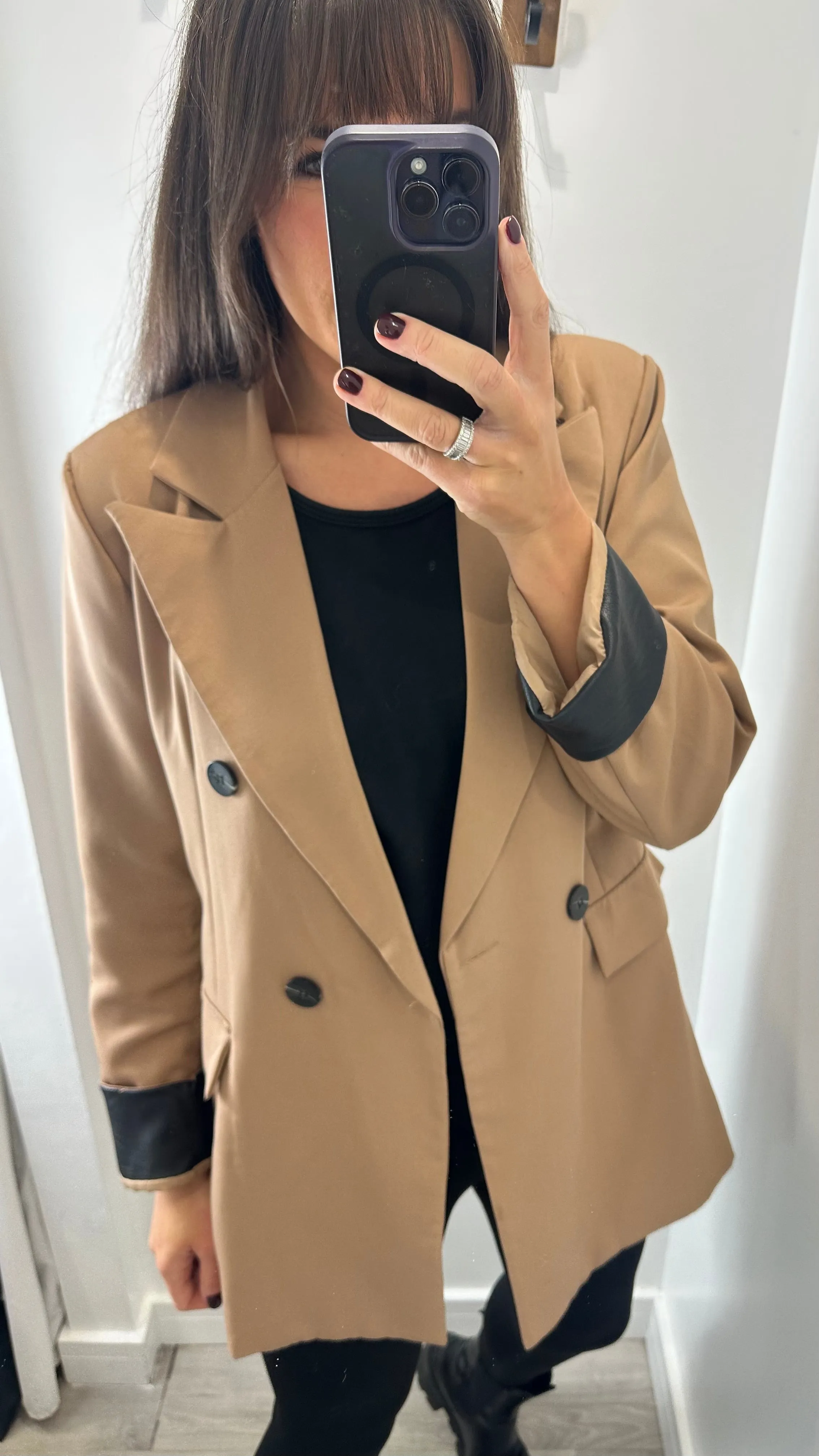 CAMEL FAUX LEATHER CUFF BLAZER