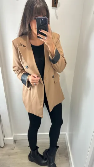 CAMEL FAUX LEATHER CUFF BLAZER