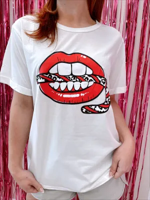 Candy Cane Lips Graphic Tee - White - Large and XL - Final Sale