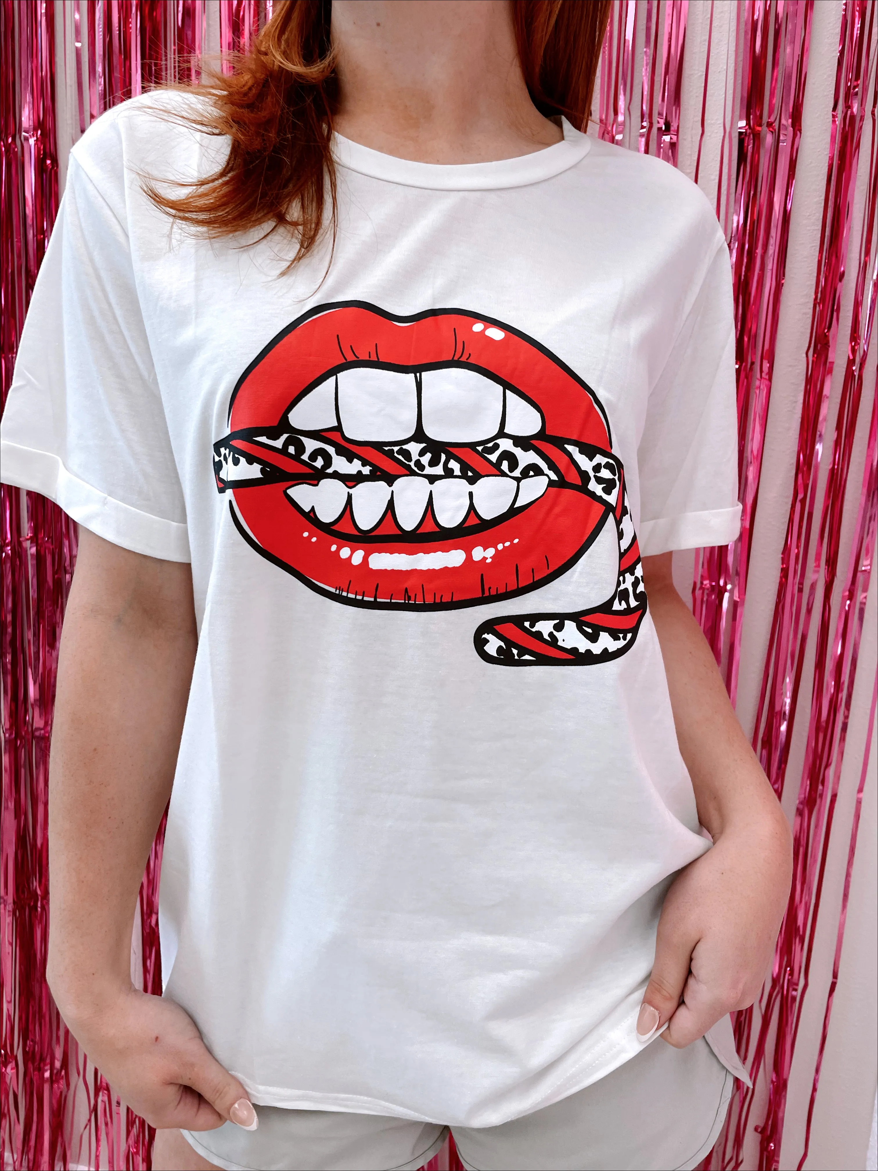 Candy Cane Lips Graphic Tee - White - Large and XL - Final Sale
