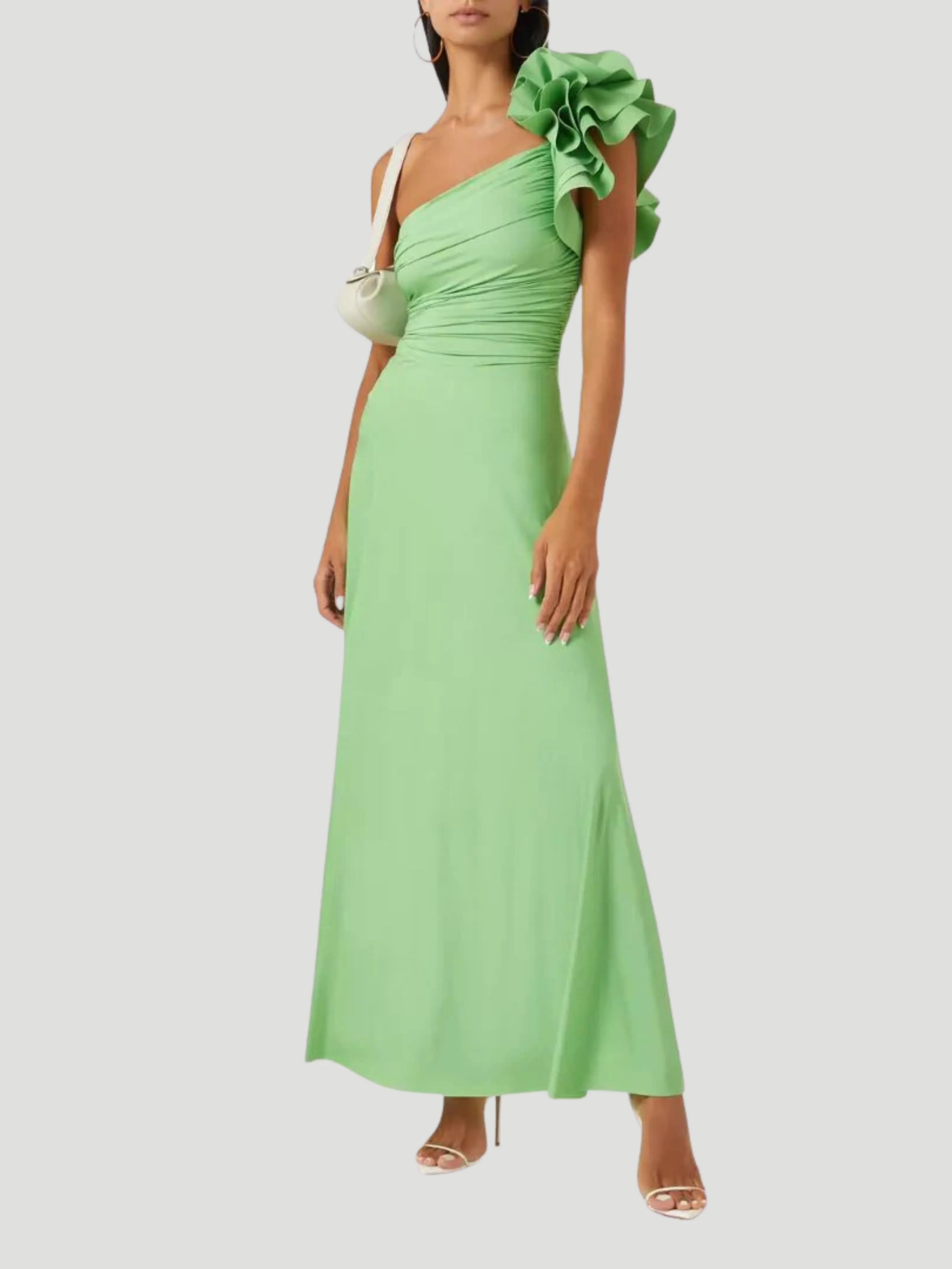 Celia One Shoulder Ruffled Maxi Dress in Green