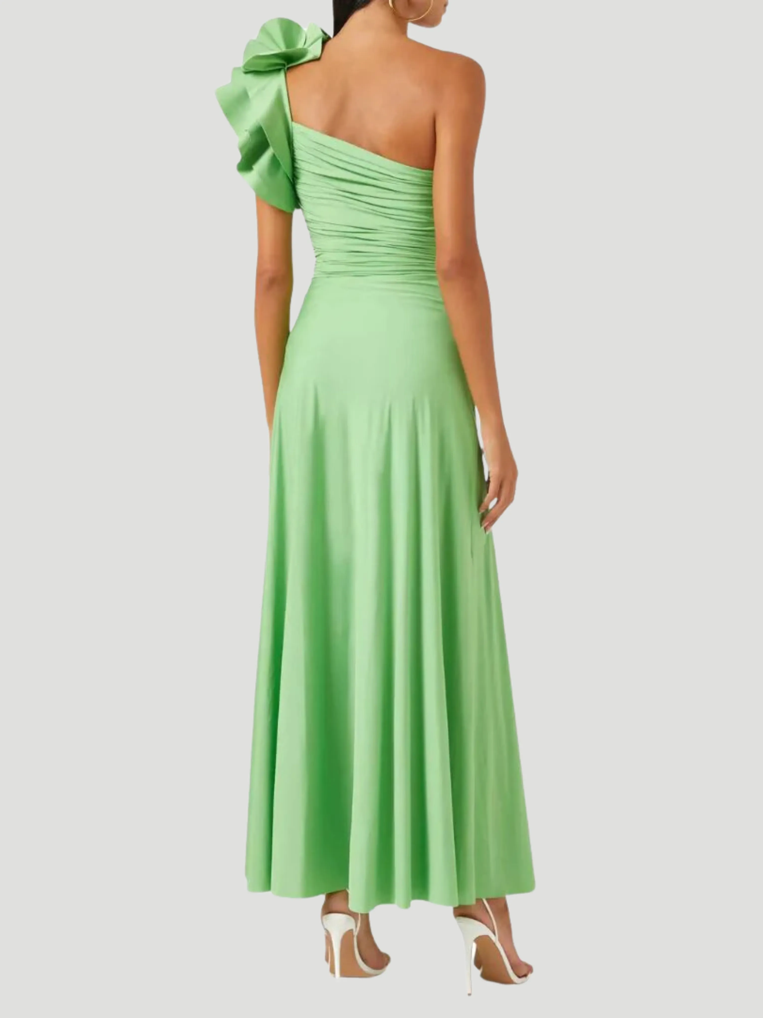 Celia One Shoulder Ruffled Maxi Dress in Green