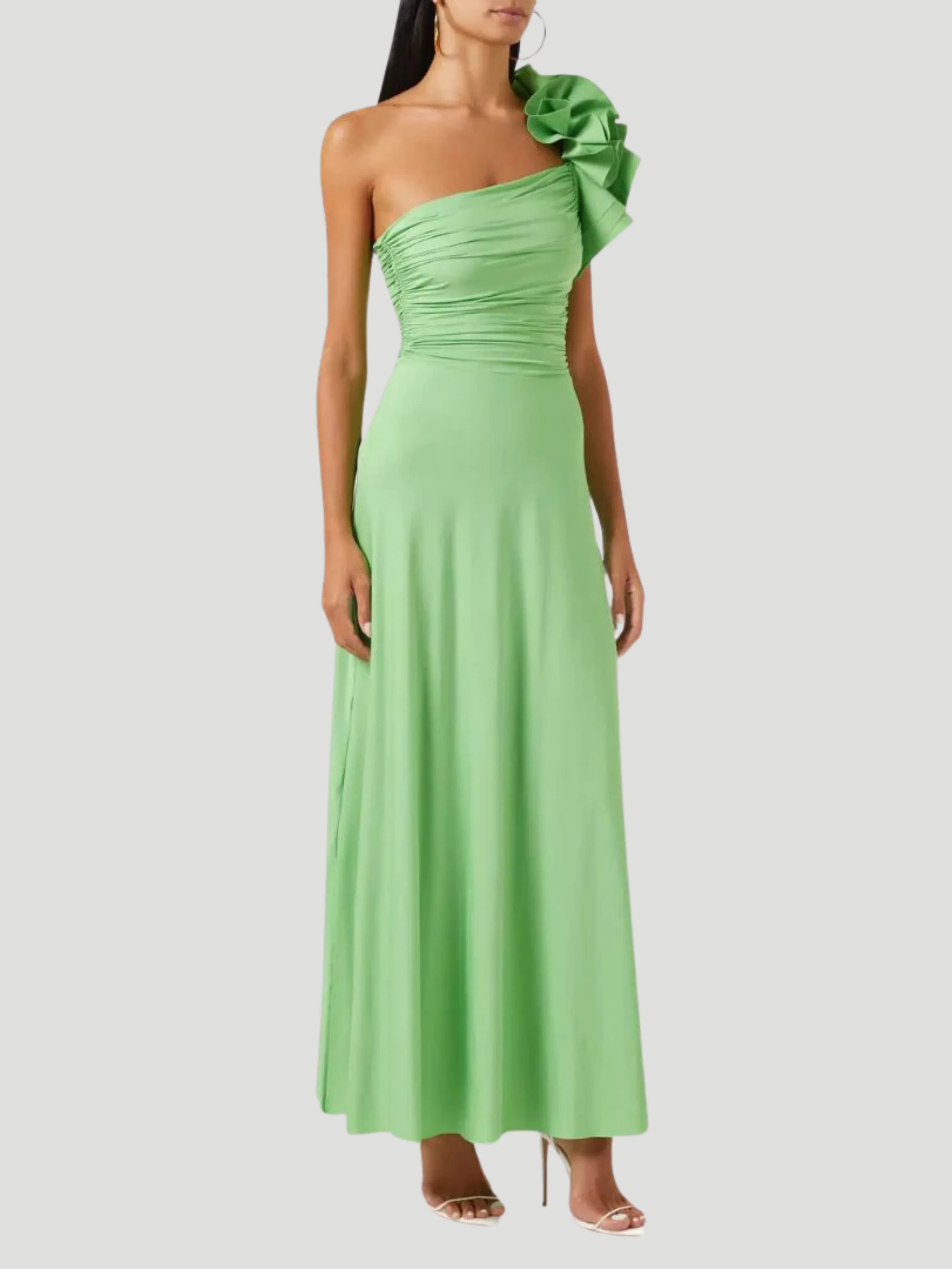 Celia One Shoulder Ruffled Maxi Dress in Green