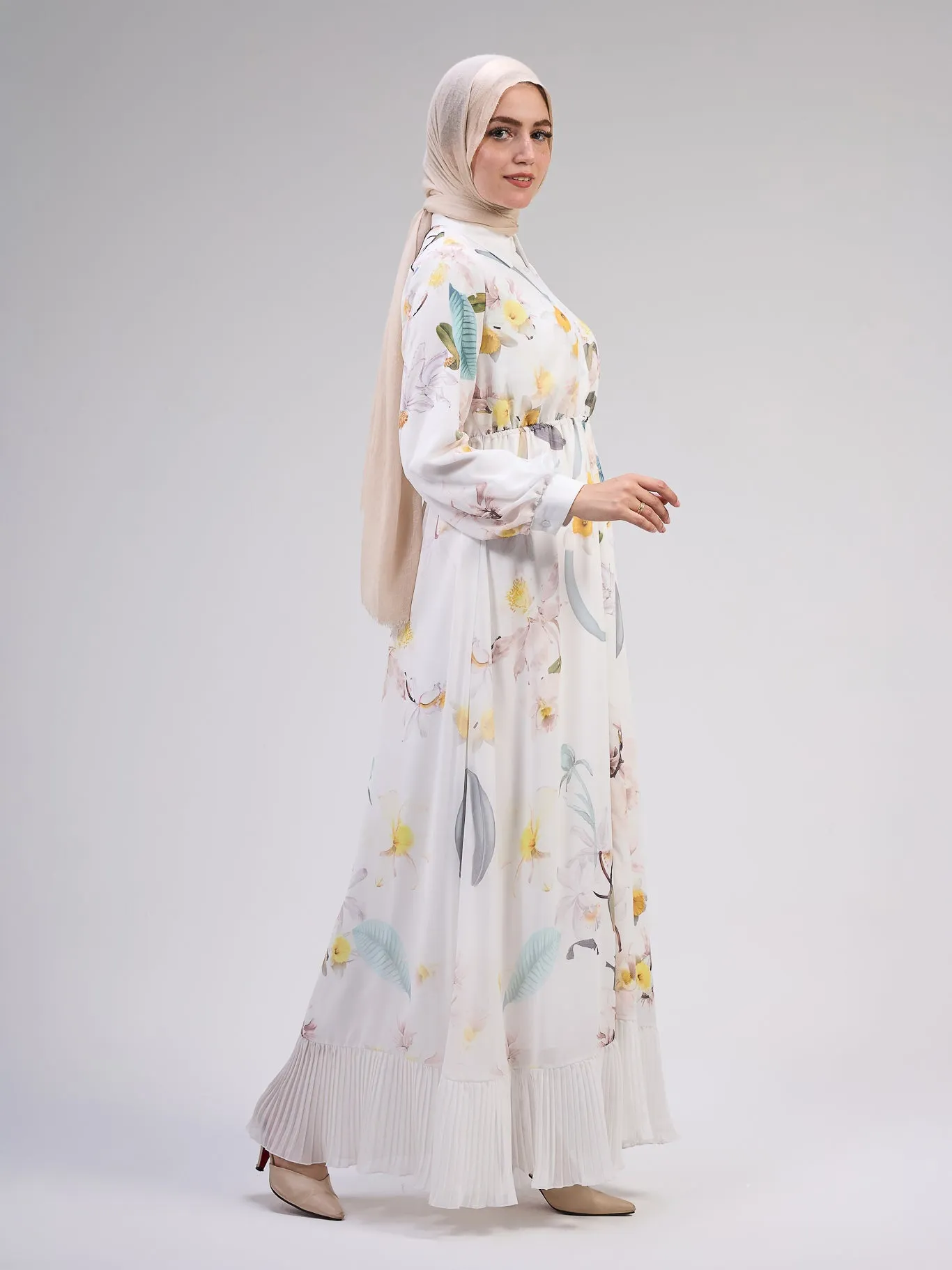 Chama Modest Chiffon Floral Maxi Dress with Elegant Pleats