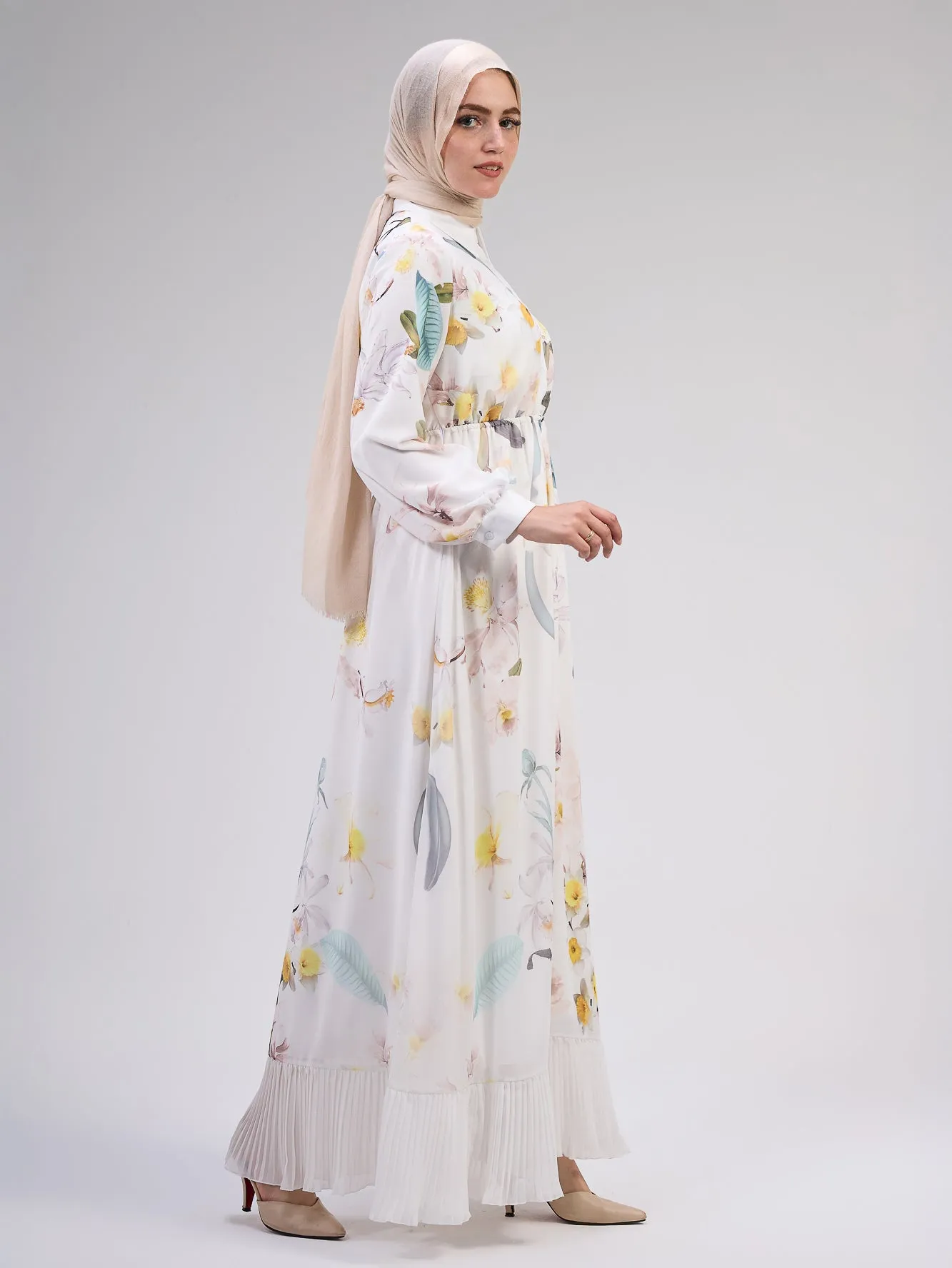 Chama Modest Chiffon Floral Maxi Dress with Elegant Pleats