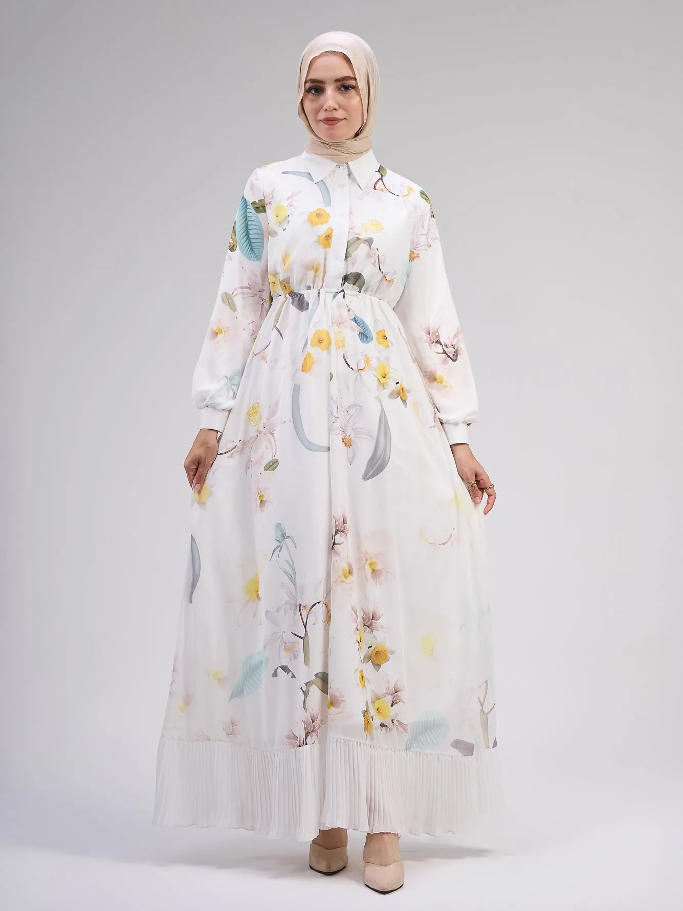 Chama Modest Chiffon Floral Maxi Dress with Elegant Pleats