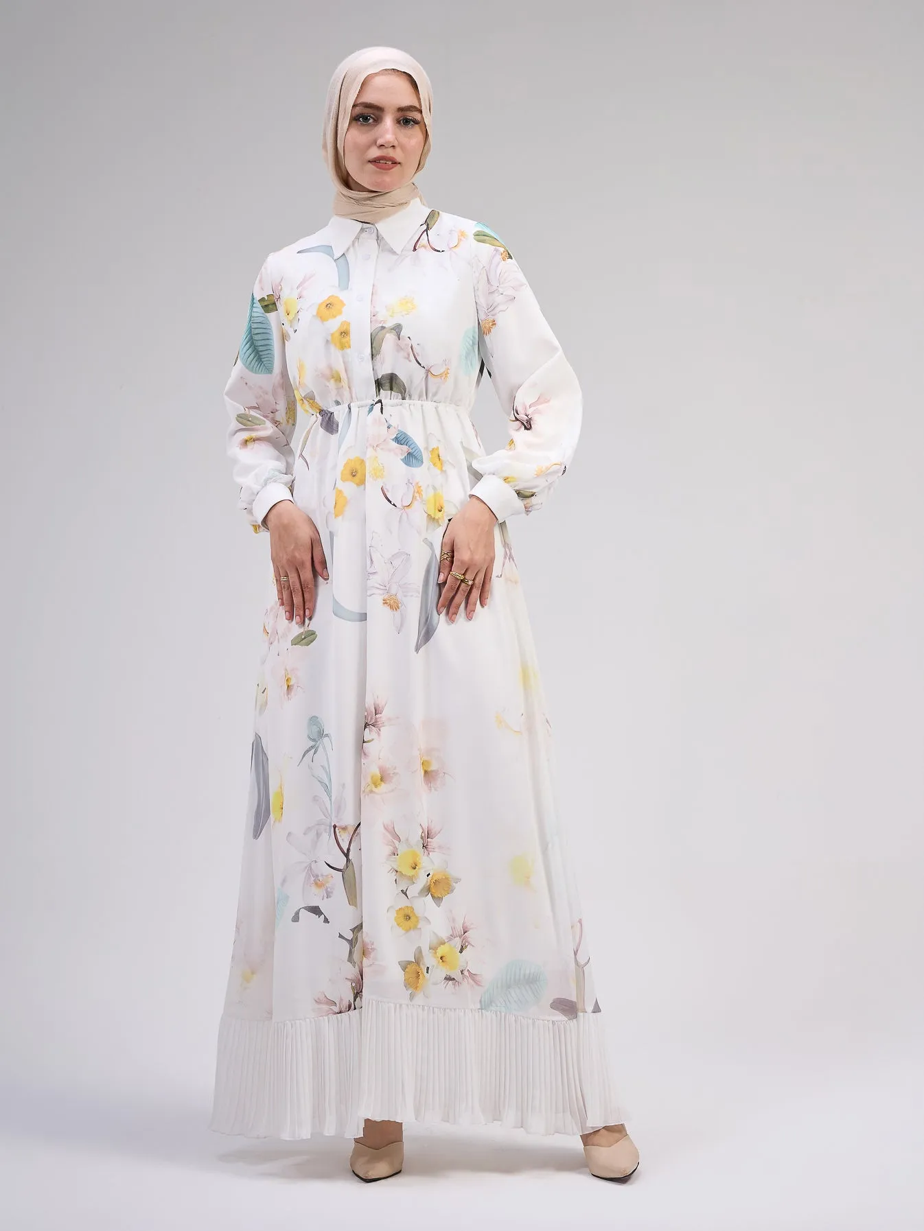 Chama Modest Chiffon Floral Maxi Dress with Elegant Pleats