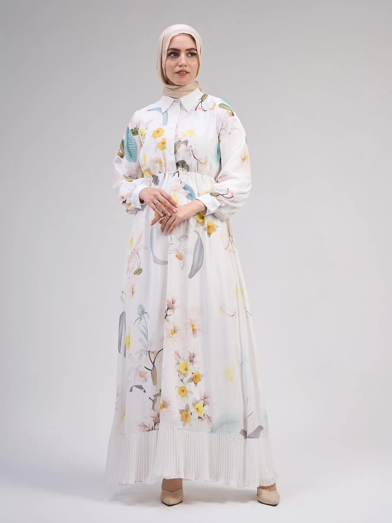 Chama Modest Chiffon Floral Maxi Dress with Elegant Pleats
