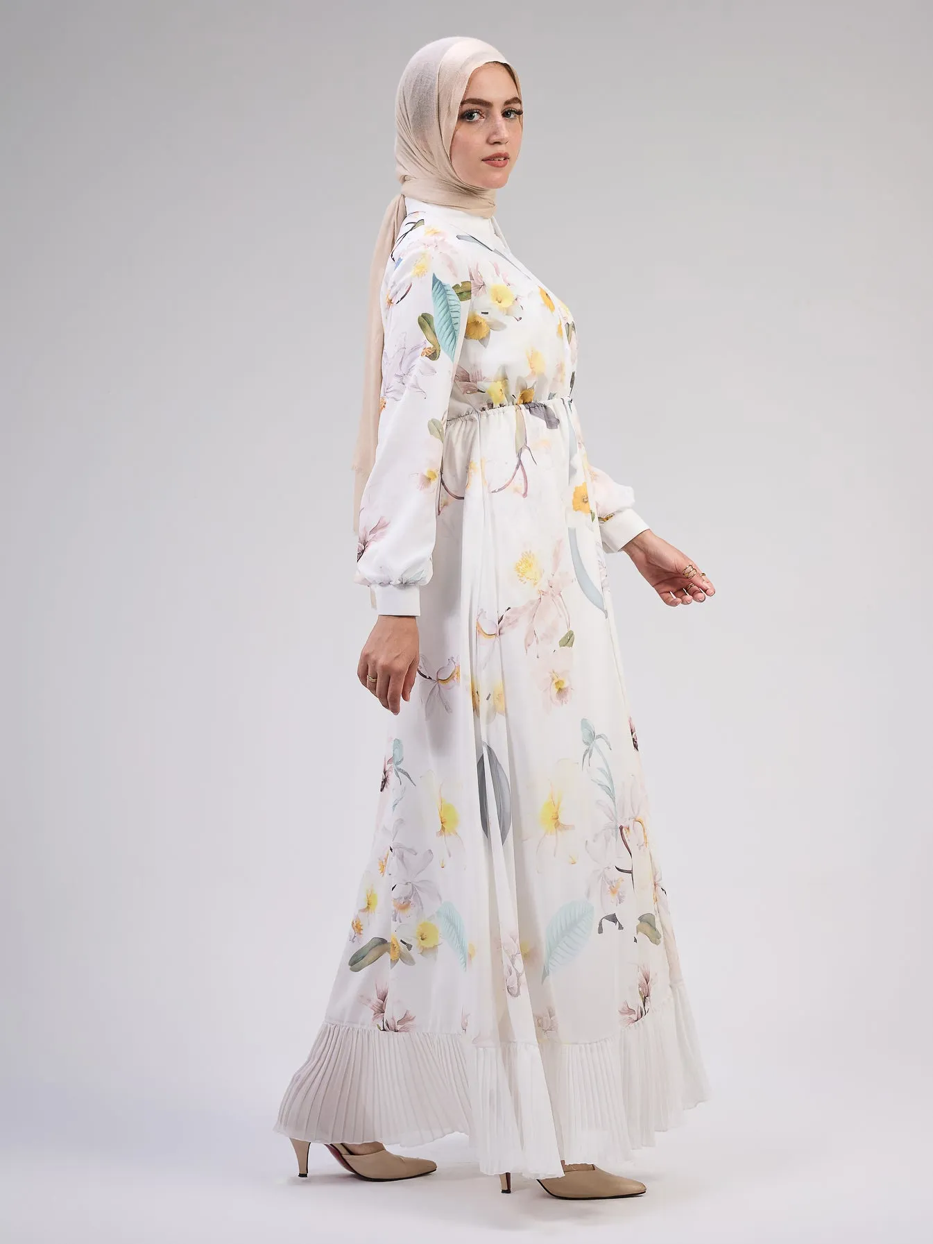 Chama Modest Chiffon Floral Maxi Dress with Elegant Pleats