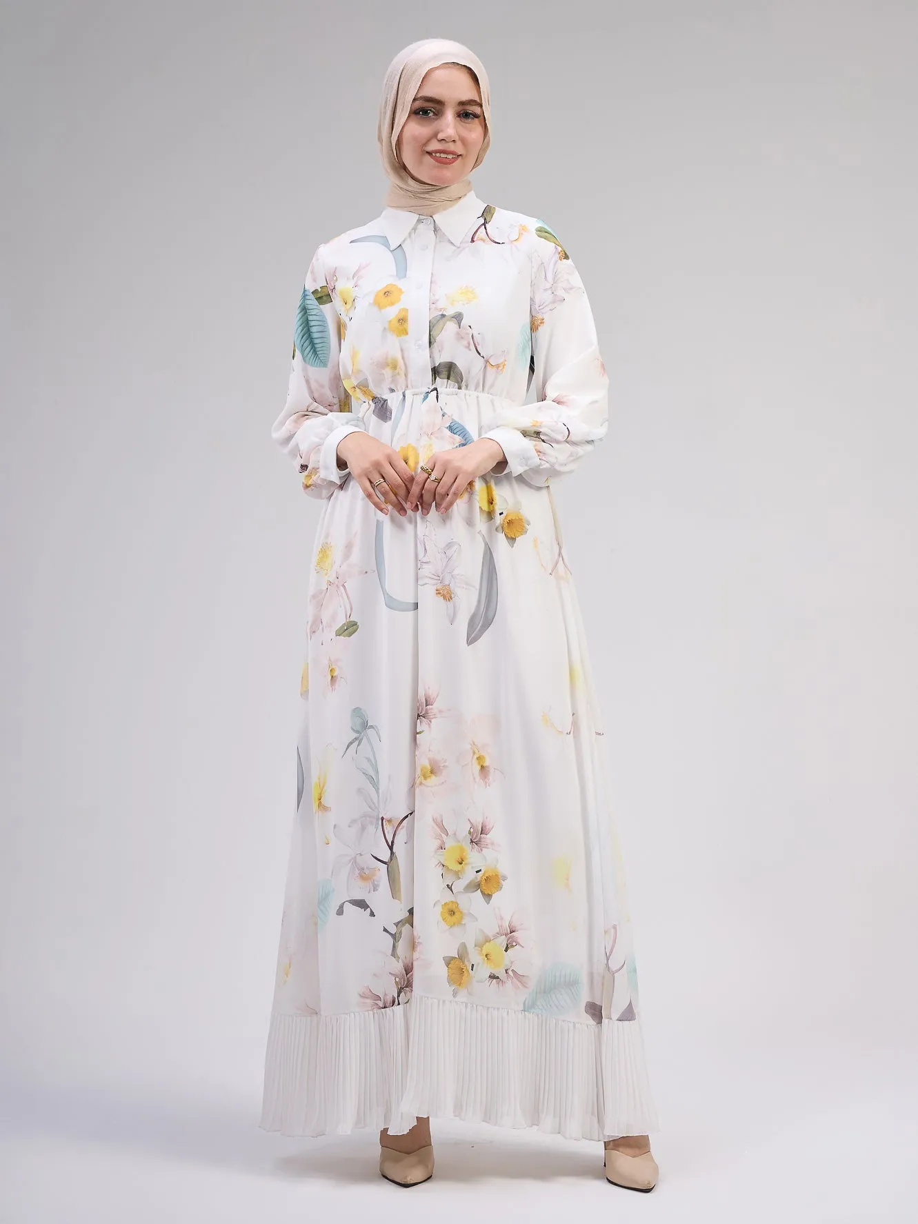 Chama Modest Chiffon Floral Maxi Dress with Elegant Pleats