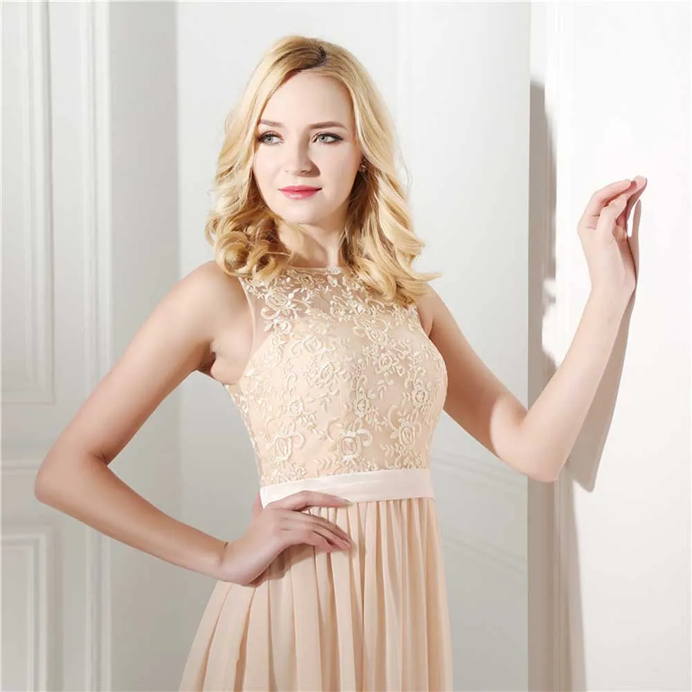 Champagne Maxi Lace Chiffon Bridesmaid Dress EN502