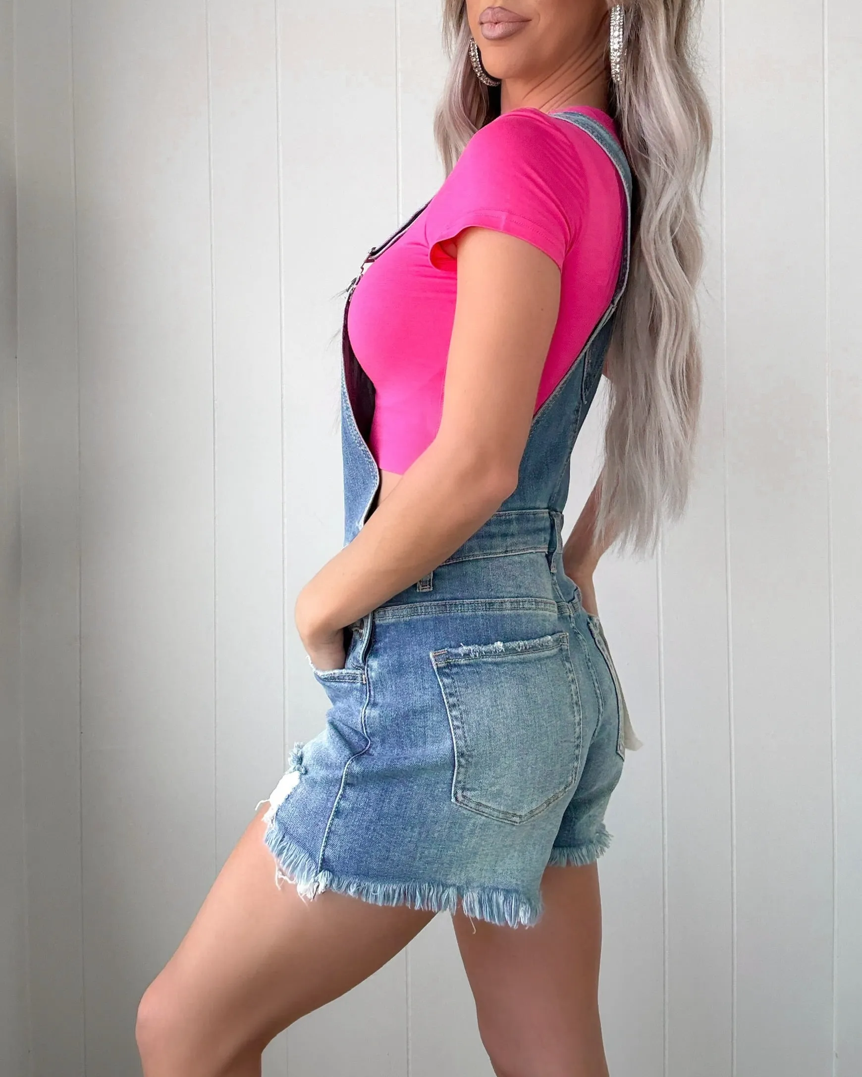 Charly Cutoff Short Overalls - Medium Wash