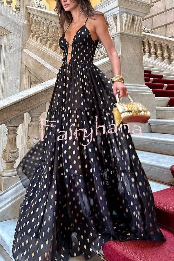 Charming View Chiffon Gold Polka Dot Print Cutout Lightweight Maxi Dress