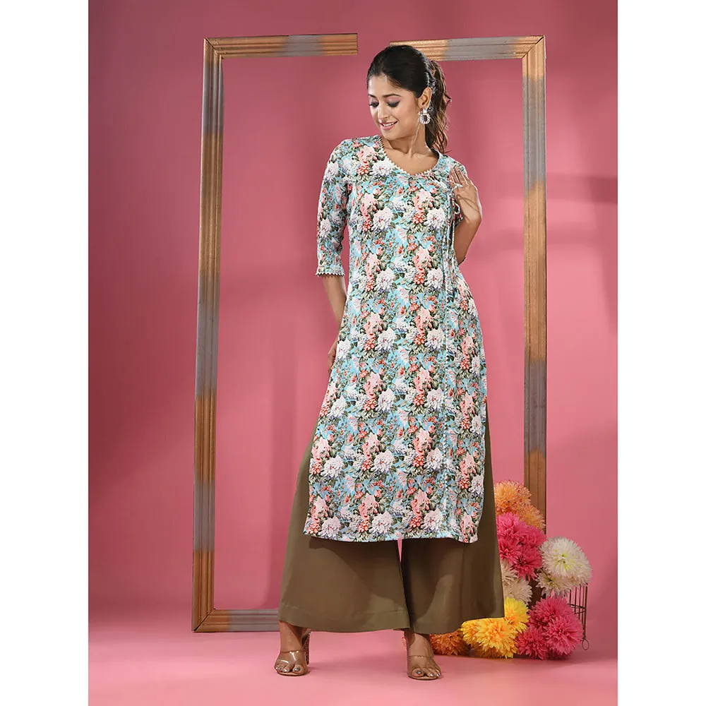 CHARUKRITI Sky Blue Crepe Floral Printed Angrakha Kurta with Palazzo (Set of 2)