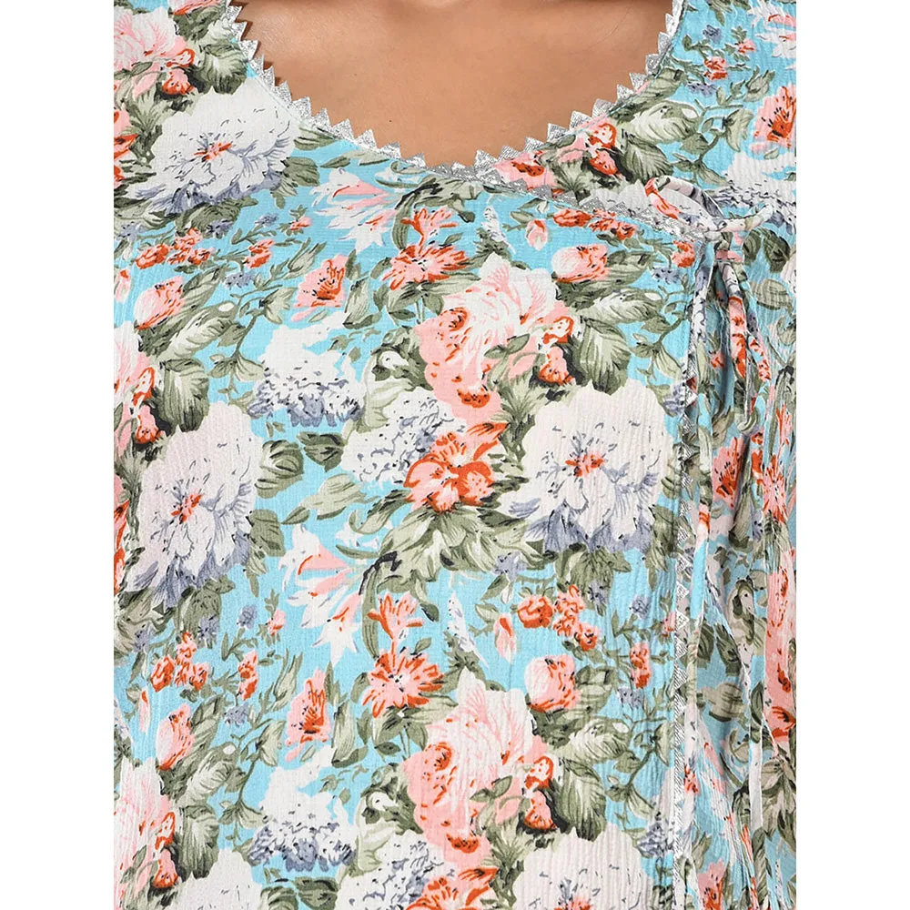 CHARUKRITI Sky Blue Crepe Floral Printed Angrakha Kurta with Palazzo (Set of 2)
