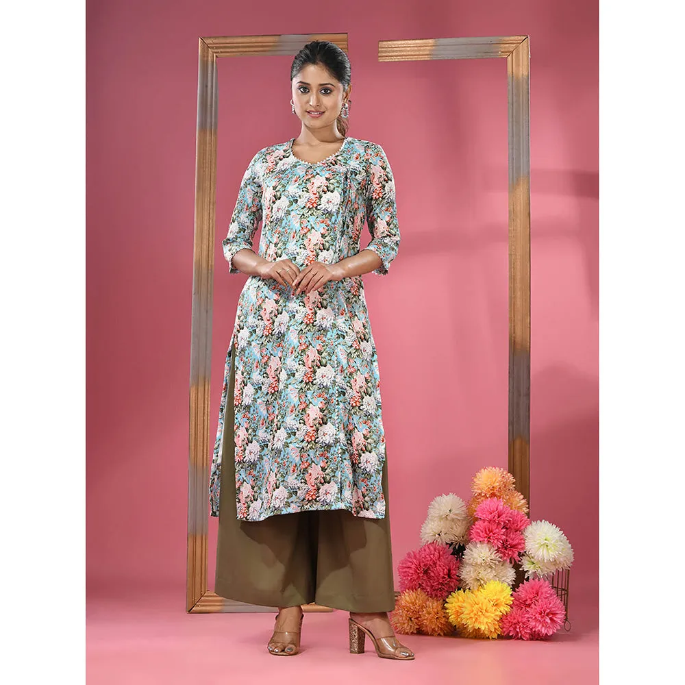 CHARUKRITI Sky Blue Crepe Floral Printed Angrakha Kurta with Palazzo (Set of 2)