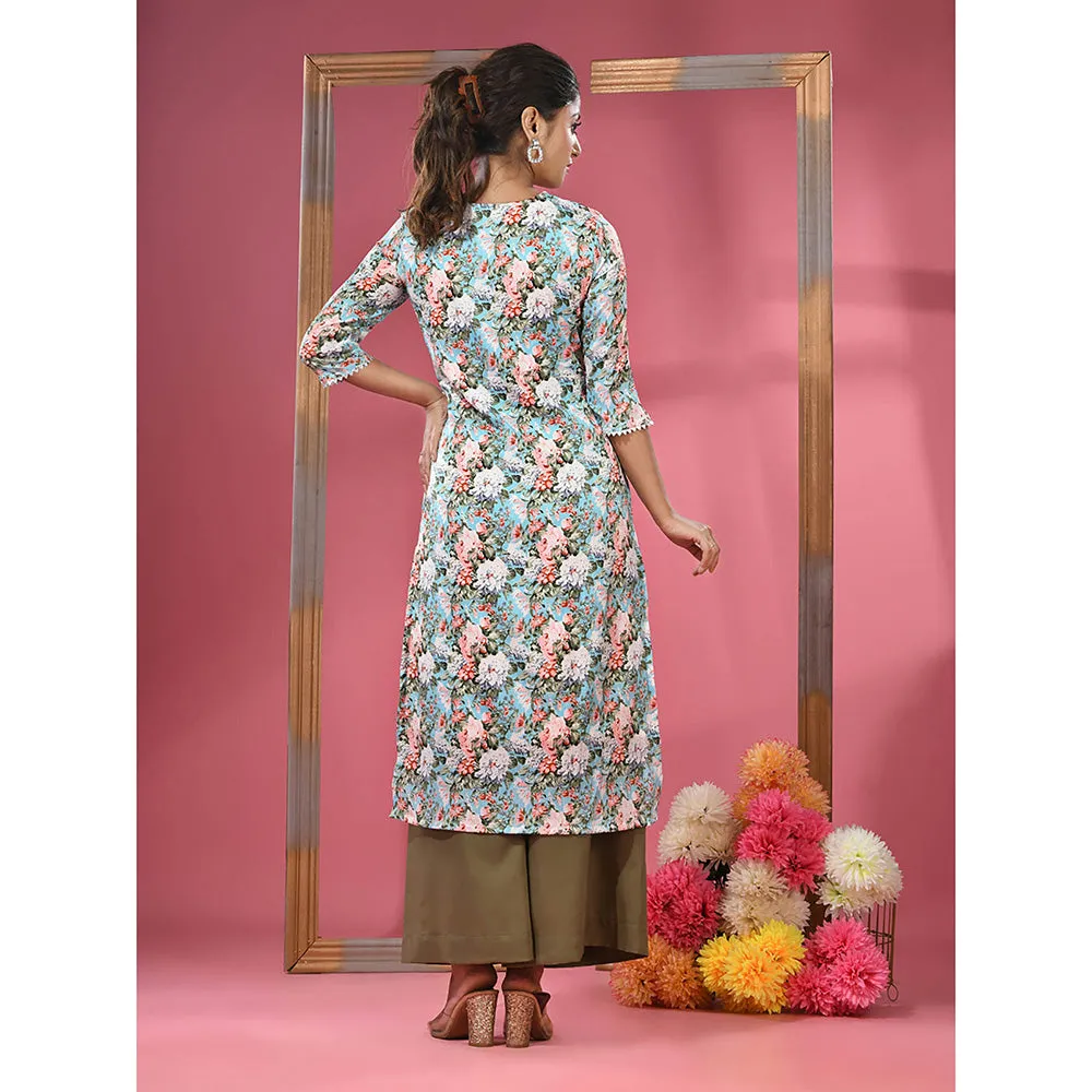 CHARUKRITI Sky Blue Crepe Floral Printed Angrakha Kurta with Palazzo (Set of 2)