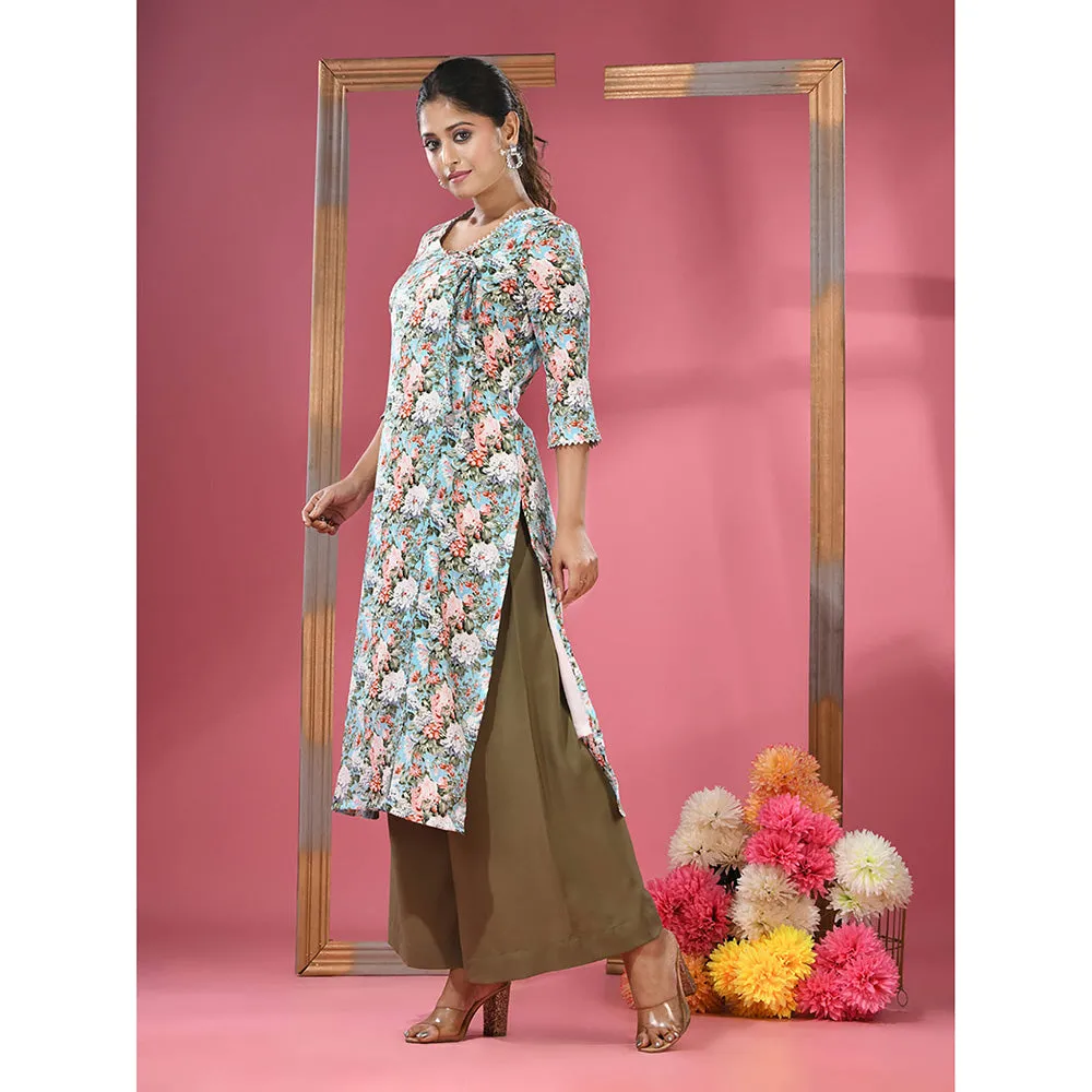 CHARUKRITI Sky Blue Crepe Floral Printed Angrakha Kurta with Palazzo (Set of 2)