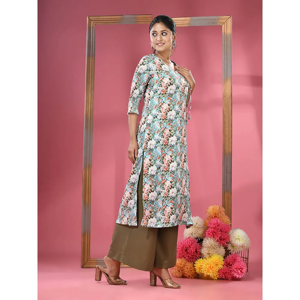 CHARUKRITI Sky Blue Crepe Floral Printed Angrakha Kurta with Palazzo (Set of 2)