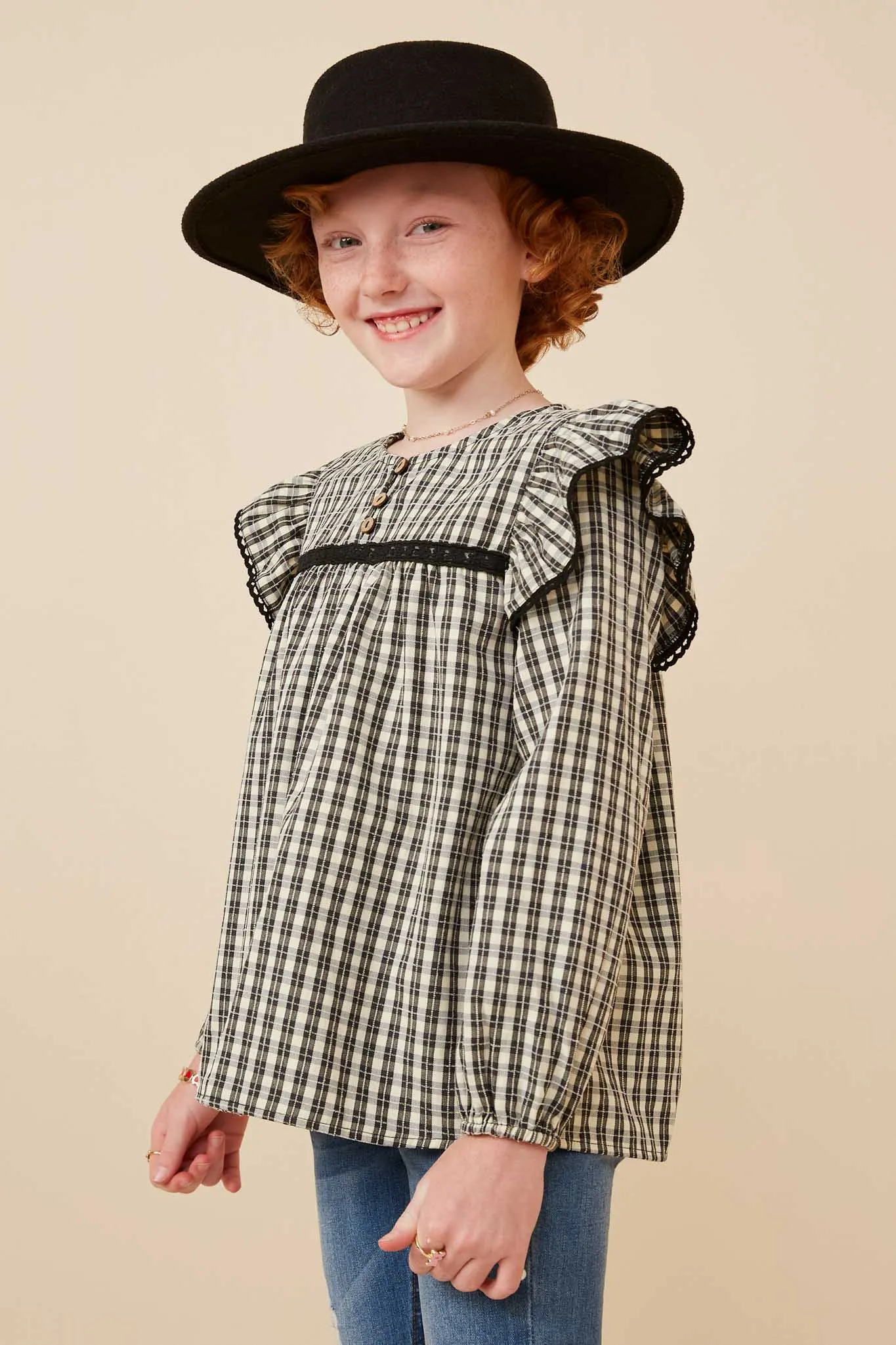 Checkered Lace Trim Ruffled Shoulder Top
