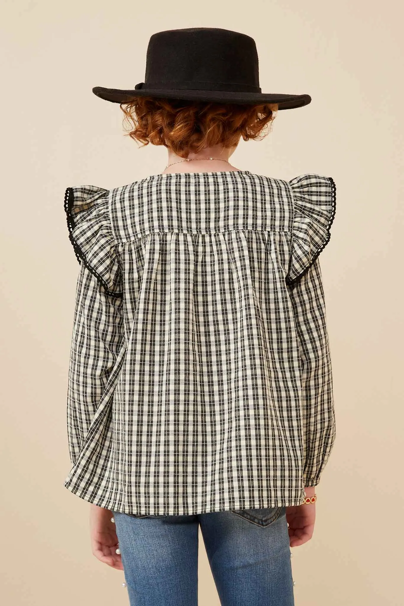 Checkered Lace Trim Ruffled Shoulder Top